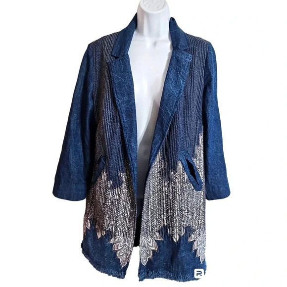 Chico's Size 1 M Blue Denim Embroidered Boho Longline Jacket Coat Festival Artsy - Picture 2 of 8
